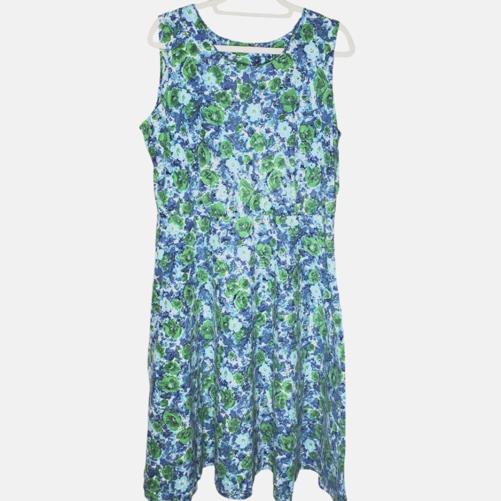 Vintage 1950s 50s Dress Size Large Handmade Cotton Housedress Blue Green Floral
